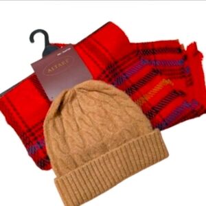 Red Plaid Scarf and Tan Knit Beanie Set